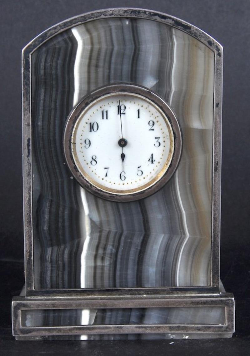 A GOOD SMALL AGATE SILVER-MOUNTED CLOCK with domed top.