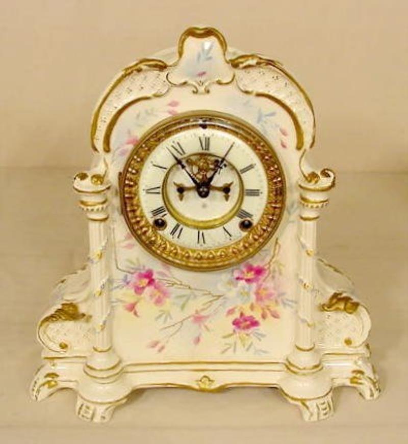 Ansonia Royal Bonn Floral China Case Clock