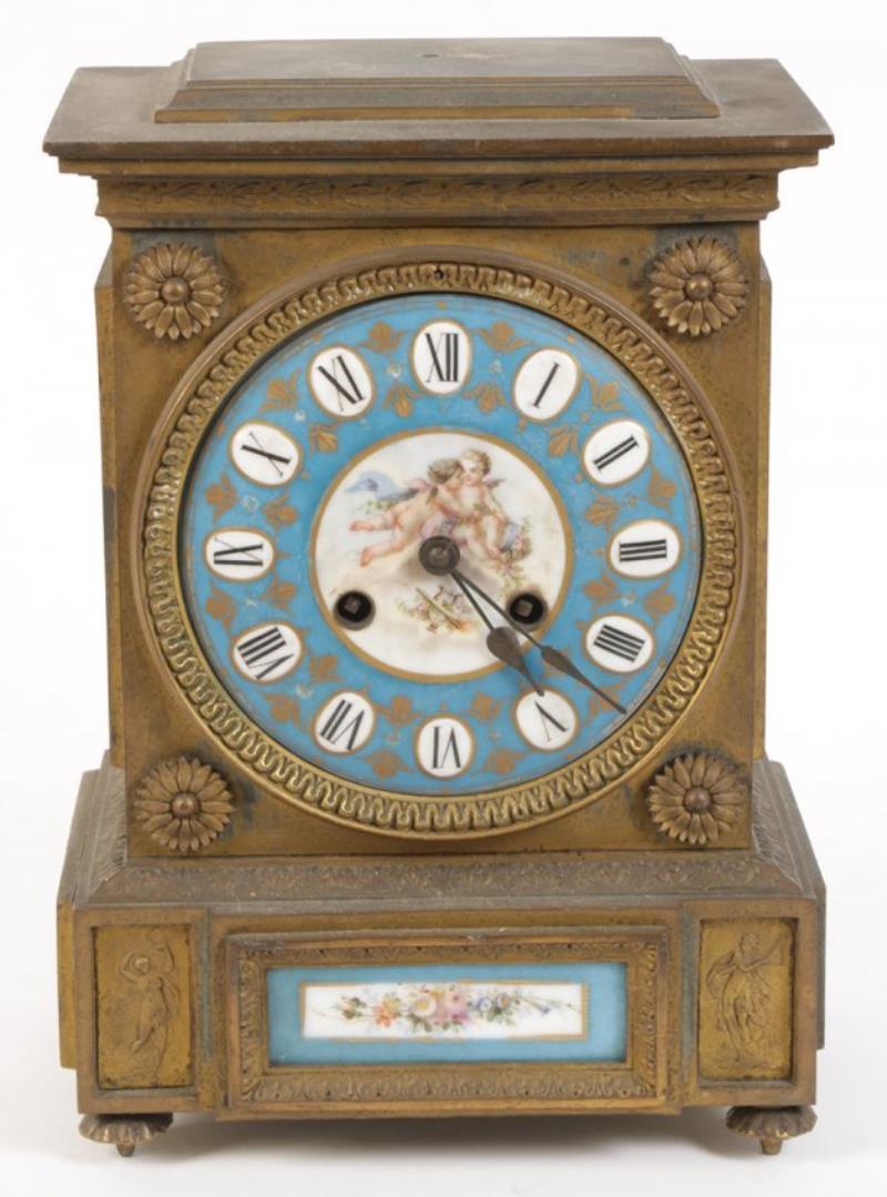 19TH C. BRONZE PORCELAIN MANTLE CLOCK CHERUBS