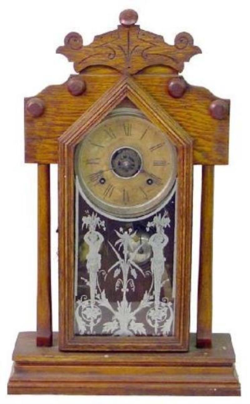 Ansonia Oak Kitchen Clock w/Alarm, Classical Figures