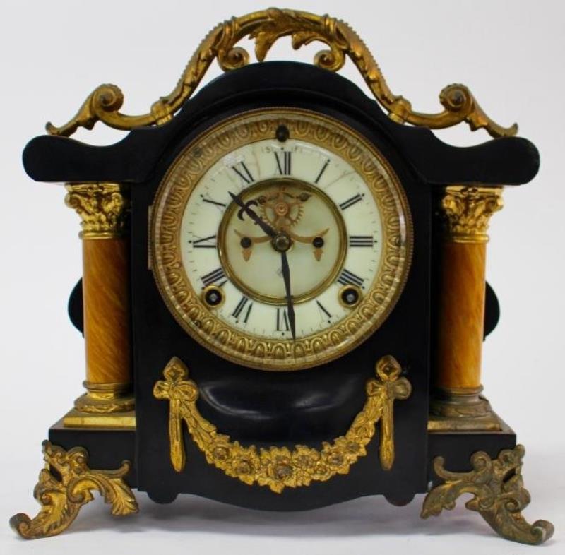 Vintage Parcel-Gilt Iron case mantel clock by Ansonia Clock Co