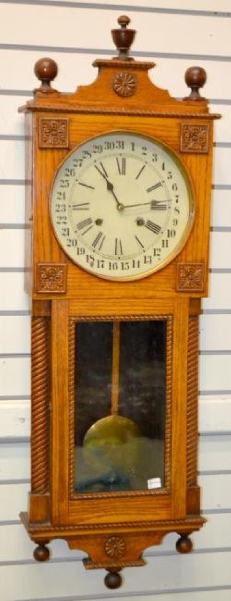 Antique Oak Waterbury  Calendar Wall Clock