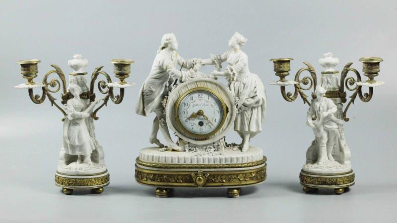 19th Century Dore Bronze & Bisque Porcelain Clock Set