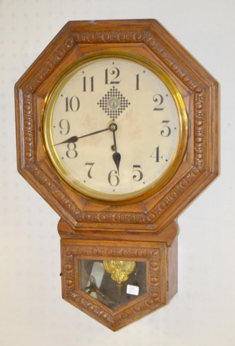 Antique Waterbury “Arion” Oak Schoolhouse Short Drop Clock