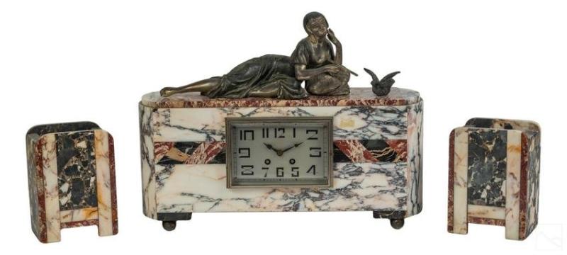 French Art Deco Bronze Marble Clock Garniture Set