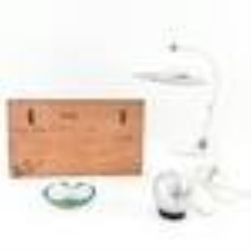 A Plaque, Desk Clock, and Desk Lamp