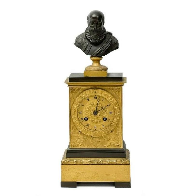 Continental Gilt Bronze Mantle Clock with Bronze Bust