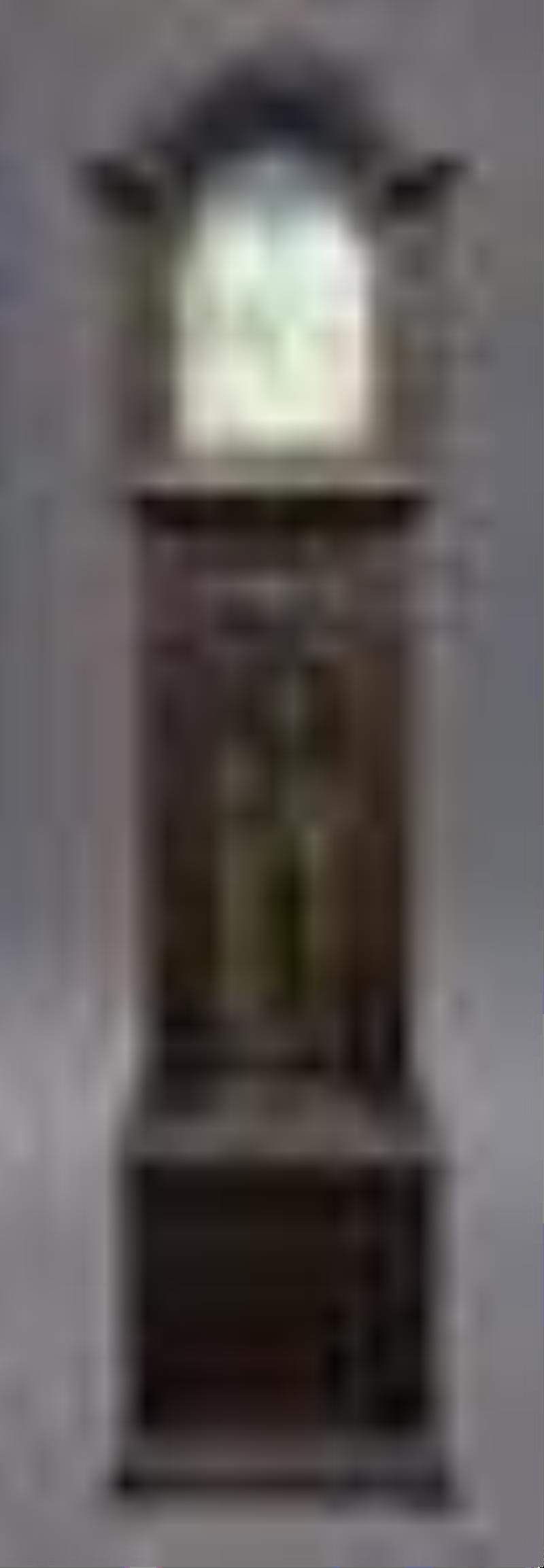 Tiffany Gothic style oak tallcase chiming clock