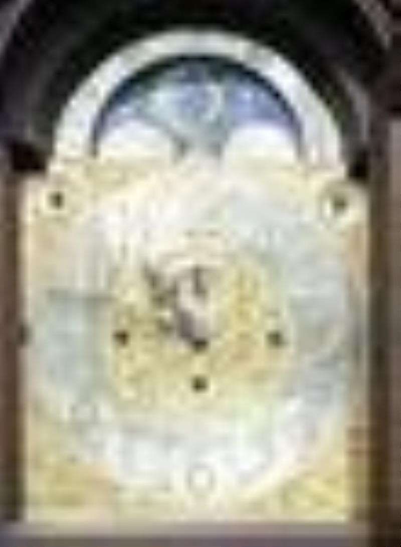Tiffany Gothic style oak tallcase chiming clock