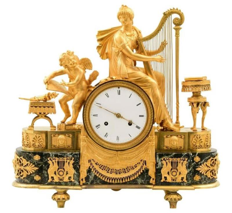 French Empire Gilt Bronze & Marble Figural Mantel Clock