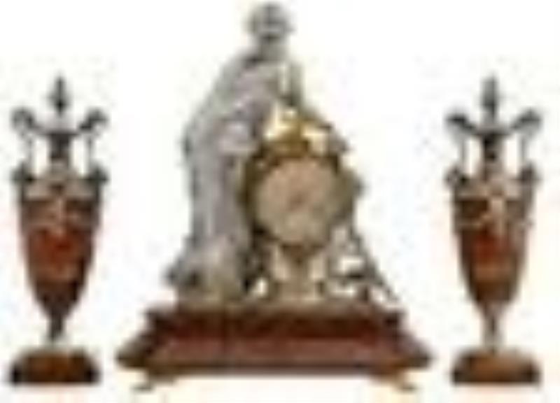 French Silvered Bronze & Rouge Marble Three-Piece Clock
