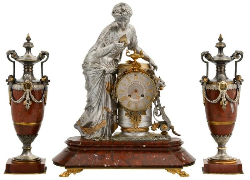 French Silvered Bronze & Rouge Marble Three-Piece Clock