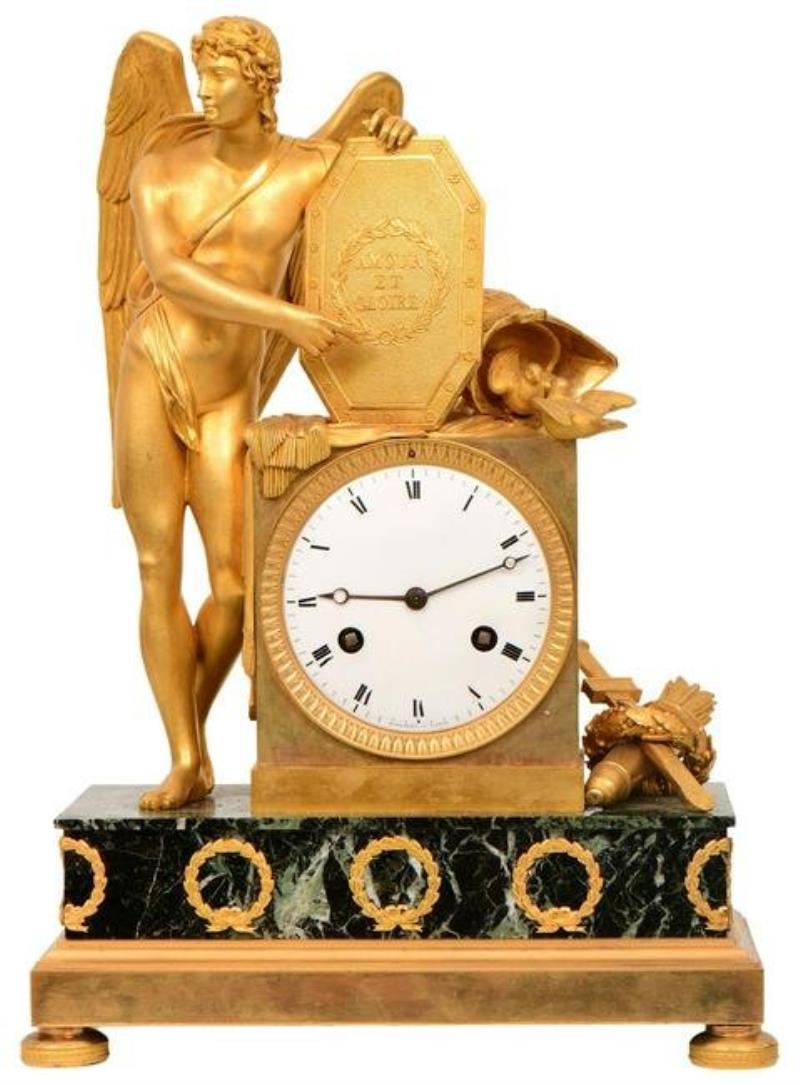 French Gilt Bronze & Marble Figural Mantel Clock