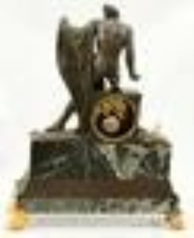French Empire Bronze & Marble Figural Mantel Clock