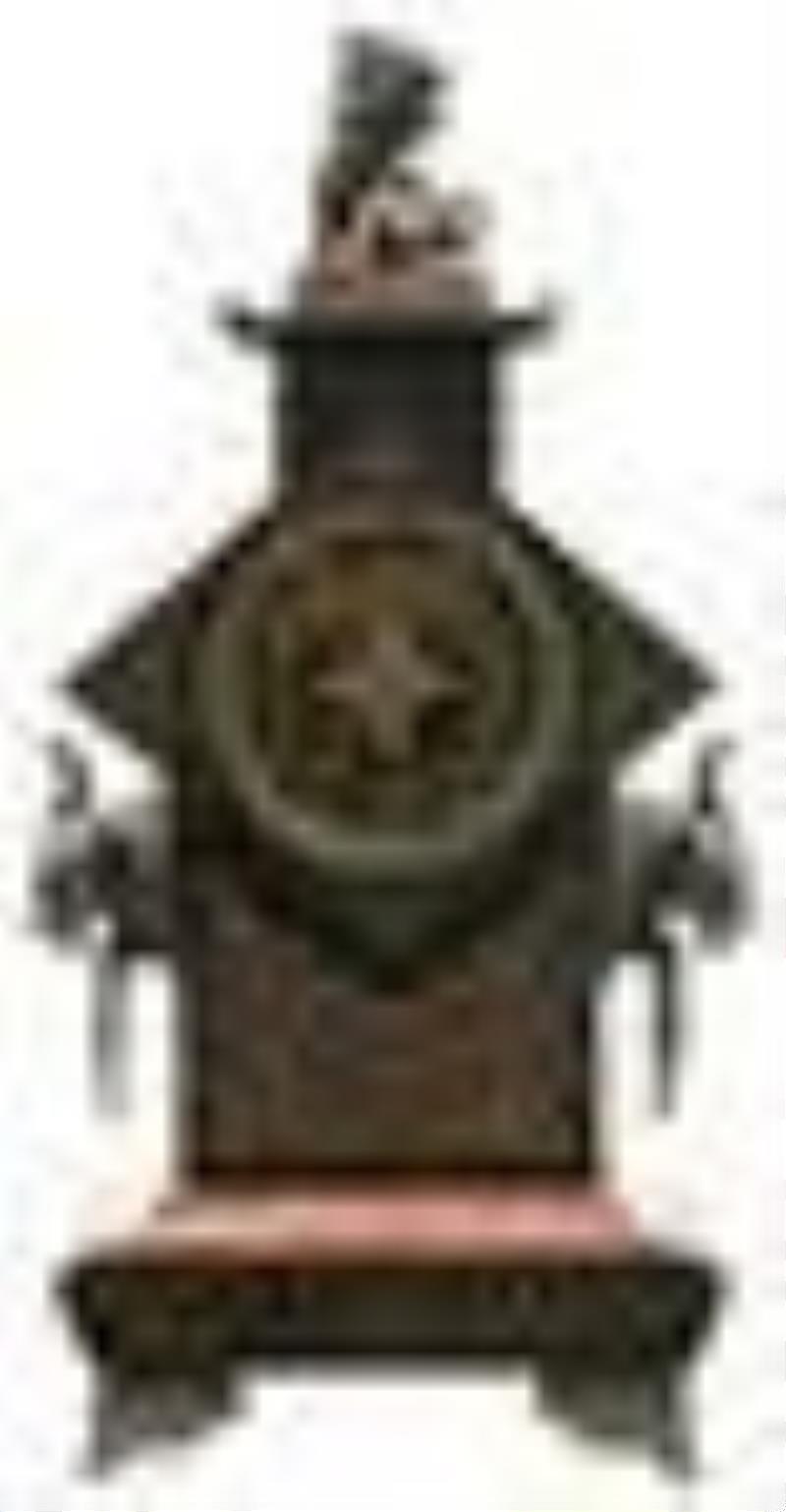 French Slate, Marble & Bronze Asian Style Mantel Clock