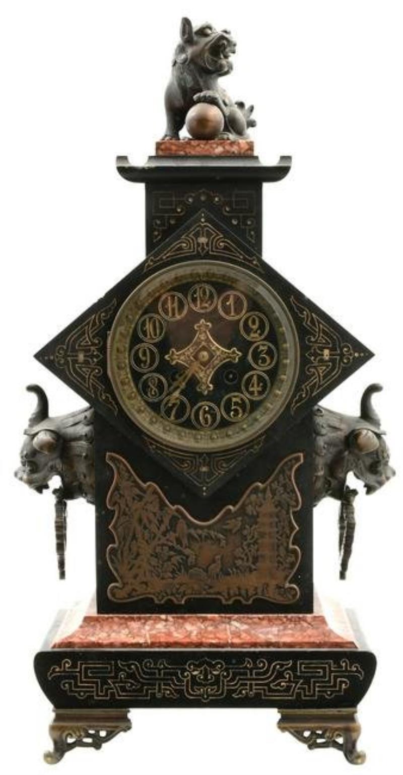 French Slate, Marble & Bronze Asian Style Mantel Clock