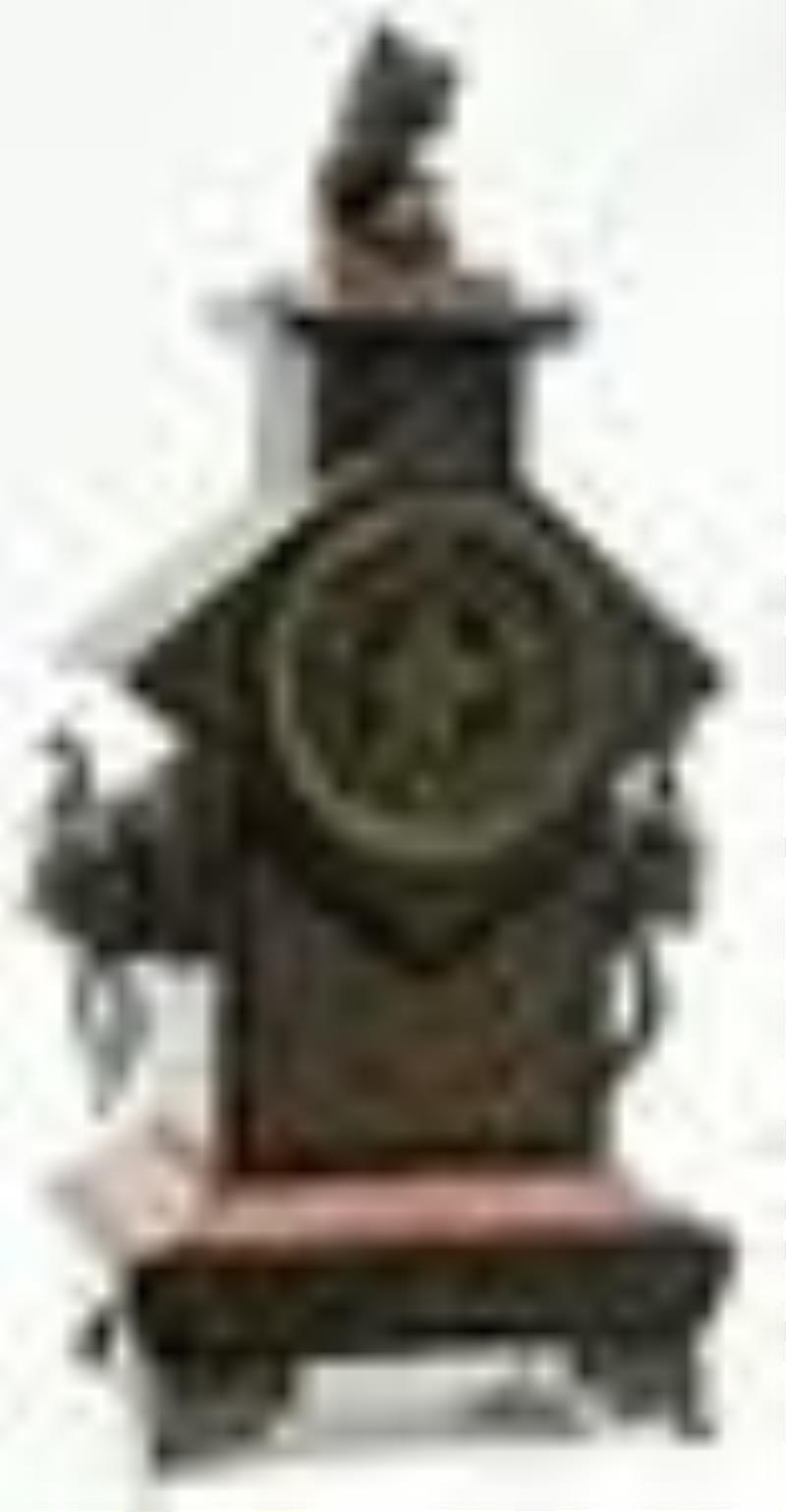 French Slate, Marble & Bronze Asian Style Mantel Clock