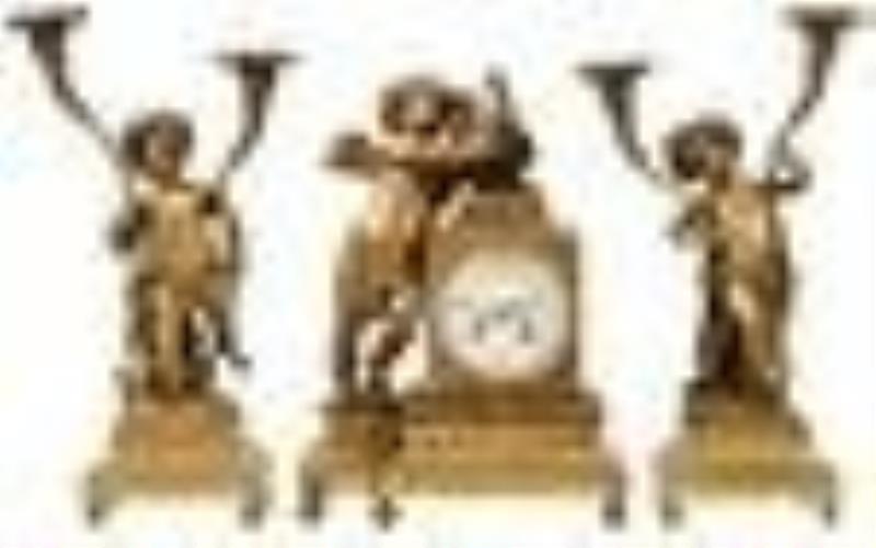 French Gilt Bronze Figural Three-Piece Clock Garniture