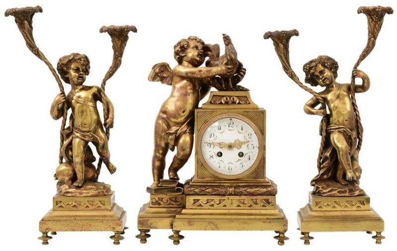 French Gilt Bronze Figural Three-Piece Clock Garniture