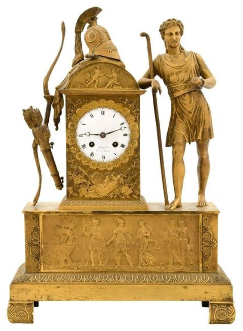 French Empire Gilt Bronze Figural Mantel Clock