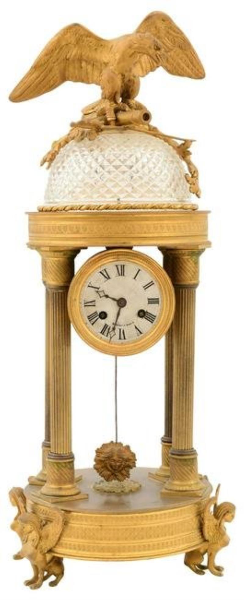 French Gilt Bronze & Crystal Domed Portico Clock with