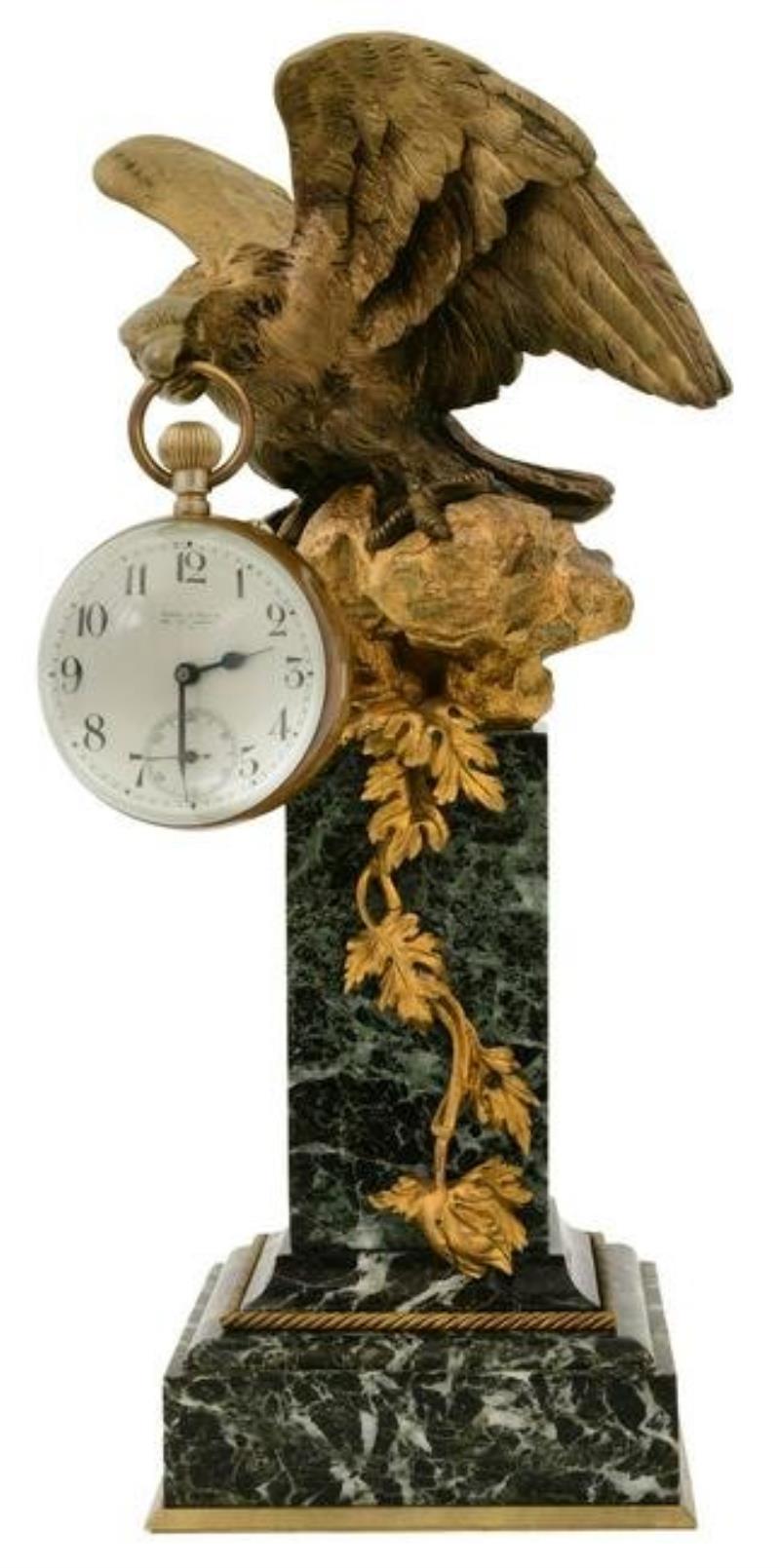 French Bronze & Marble Glass Ball Clock with Eagle