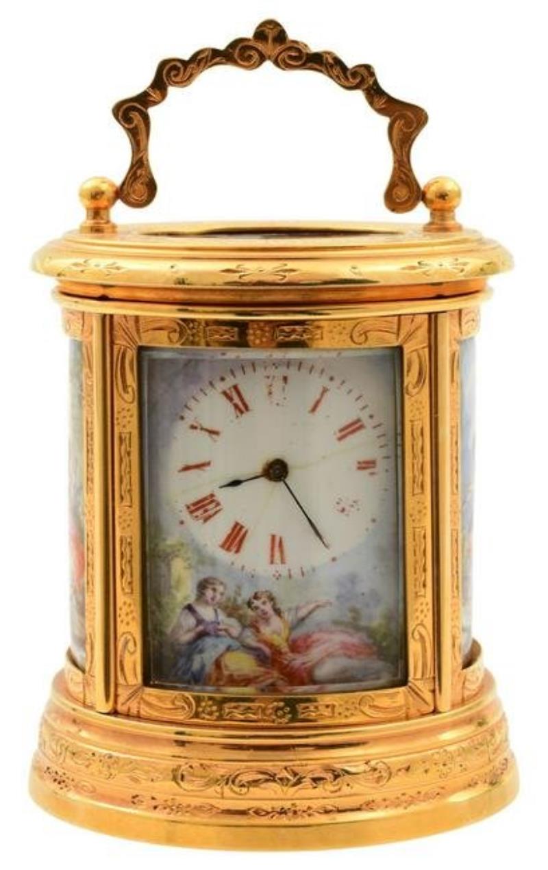 French Miniature Brass & Porcelain Carriage Clock