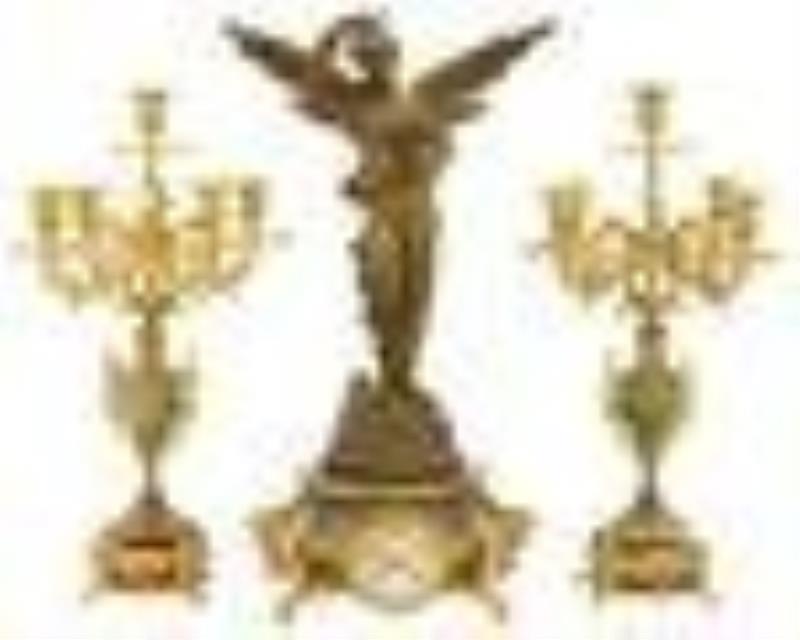 French Onyx, Gilt & Patinated Metal Three-Piece Clock