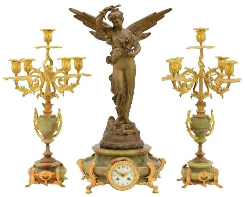 French Onyx, Gilt & Patinated Metal Three-Piece Clock