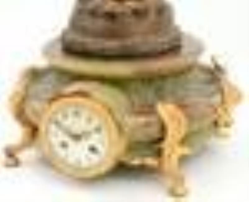 French Onyx, Gilt & Patinated Metal Three-Piece Clock