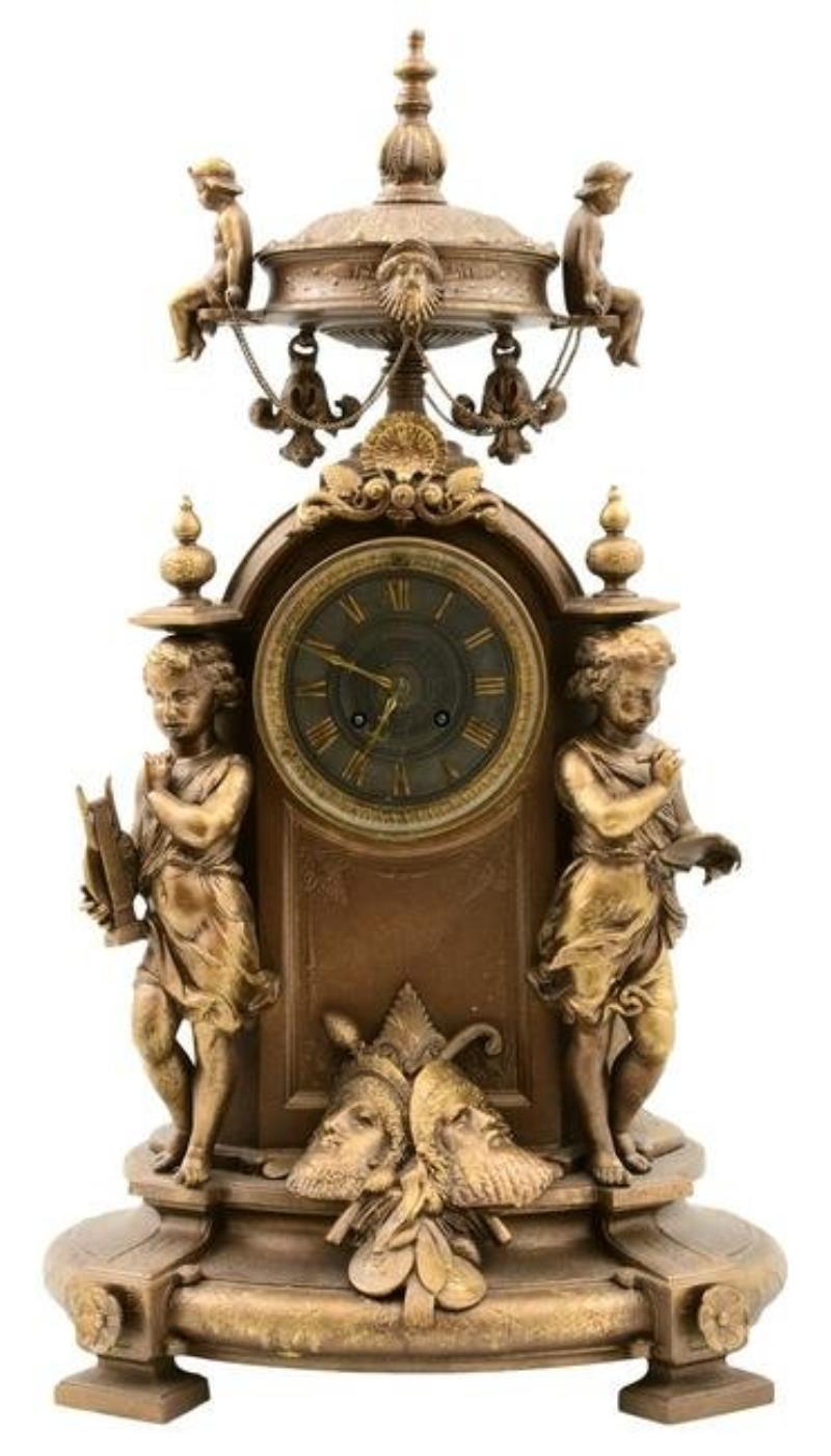 French Patinated Metal Figural Mantel Clock