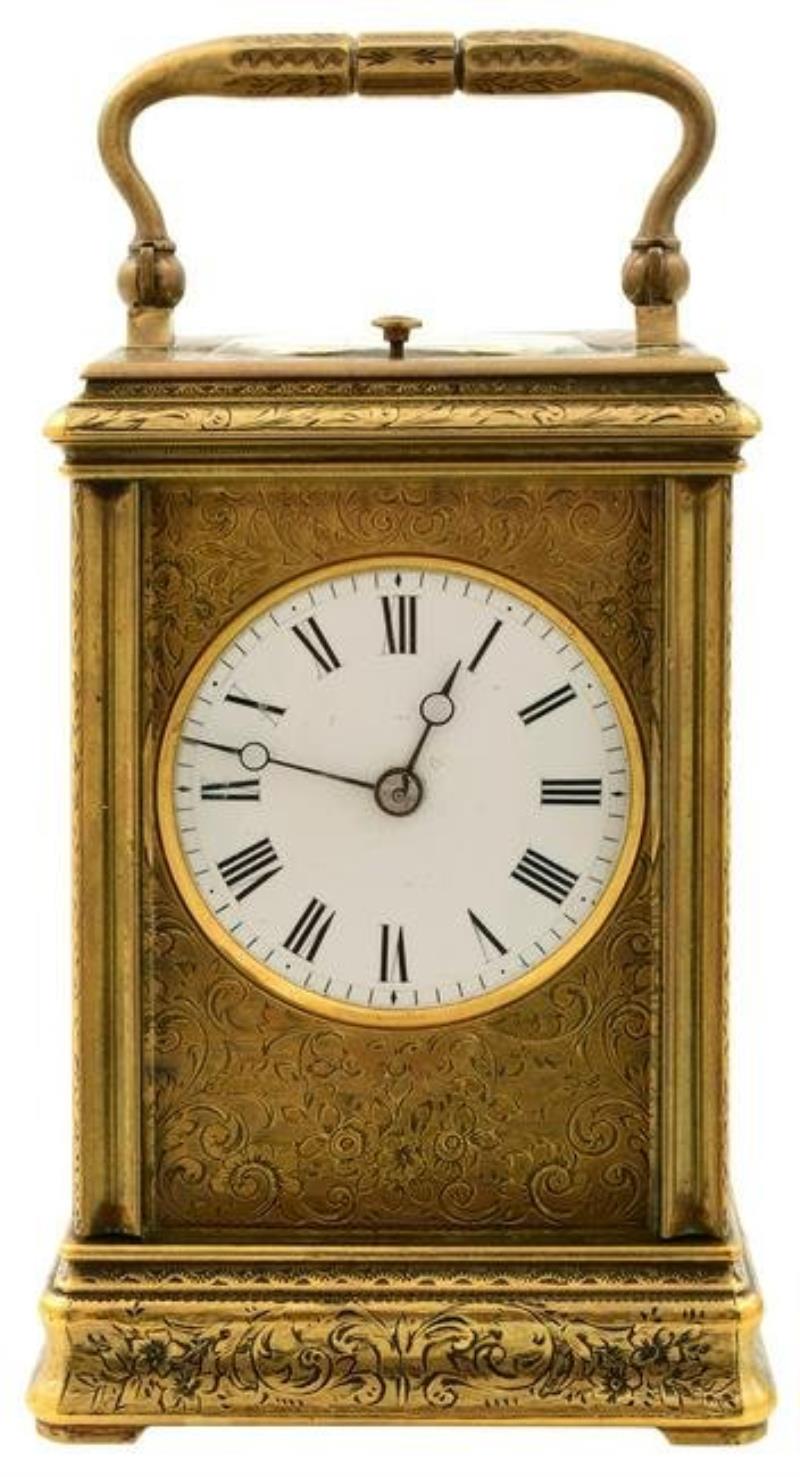 French Engraved Brass Repeater Carriage Clock