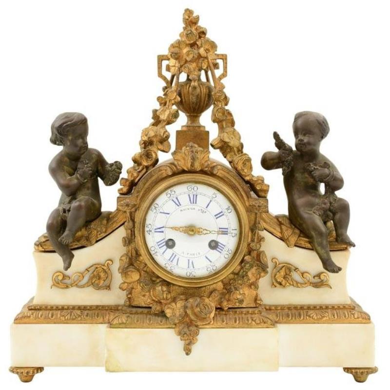 French Bronze & Marble Figural Mantel Clock