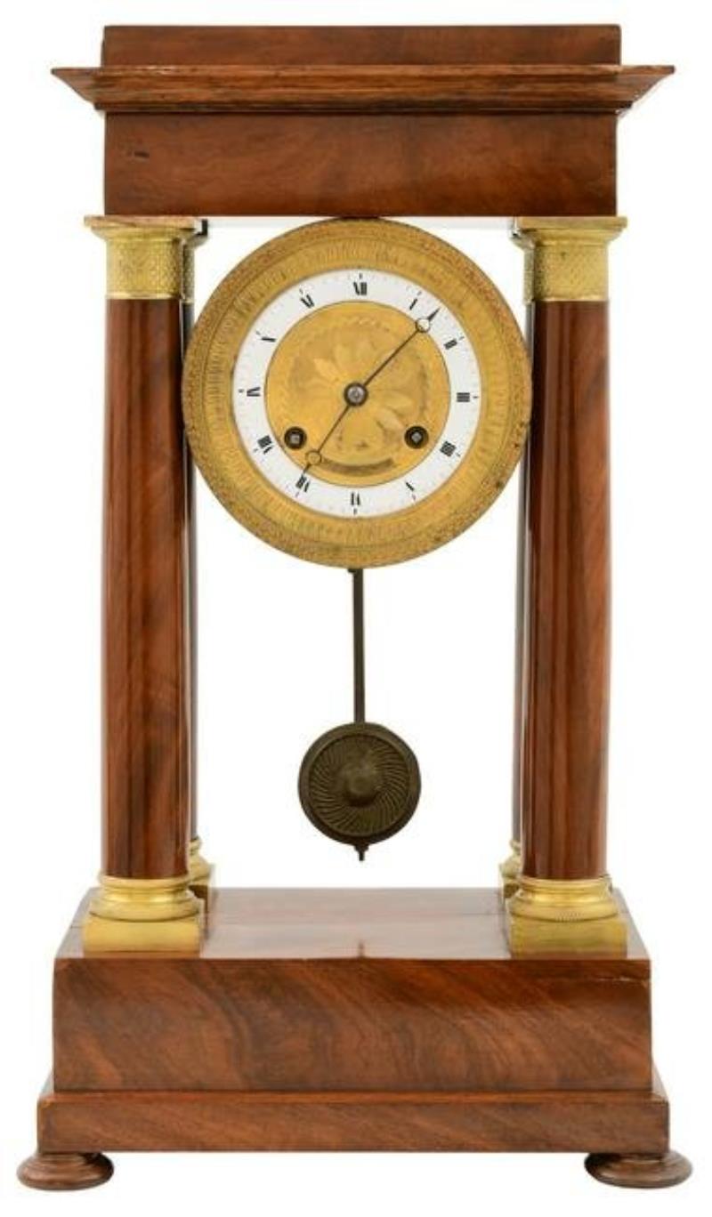 French Empire Mahogany Portico Clock