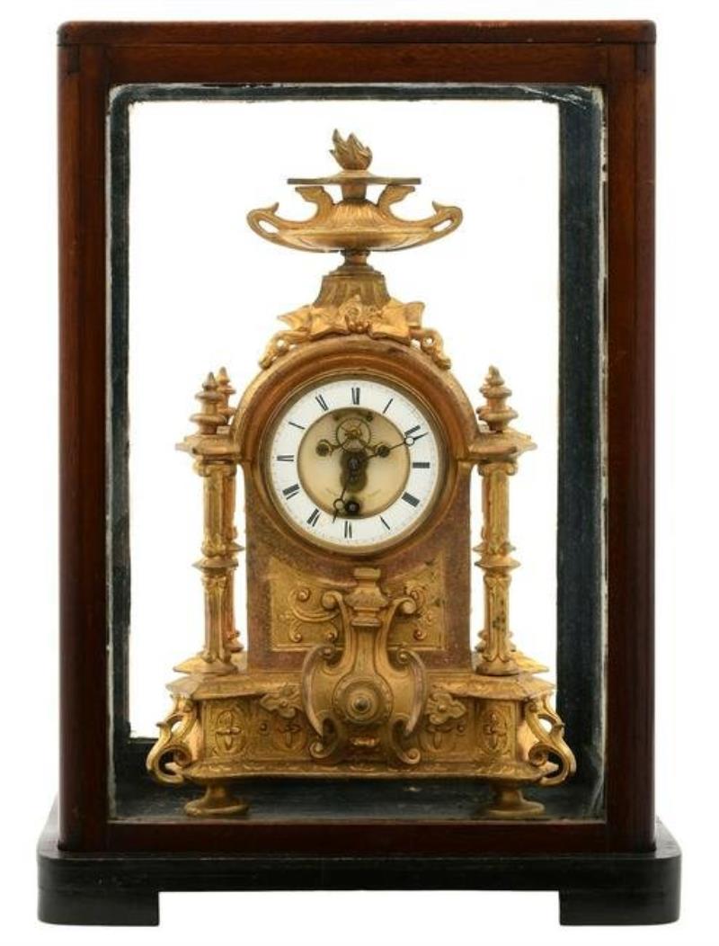French Gilt Metal Mantel Clock with Glass Case