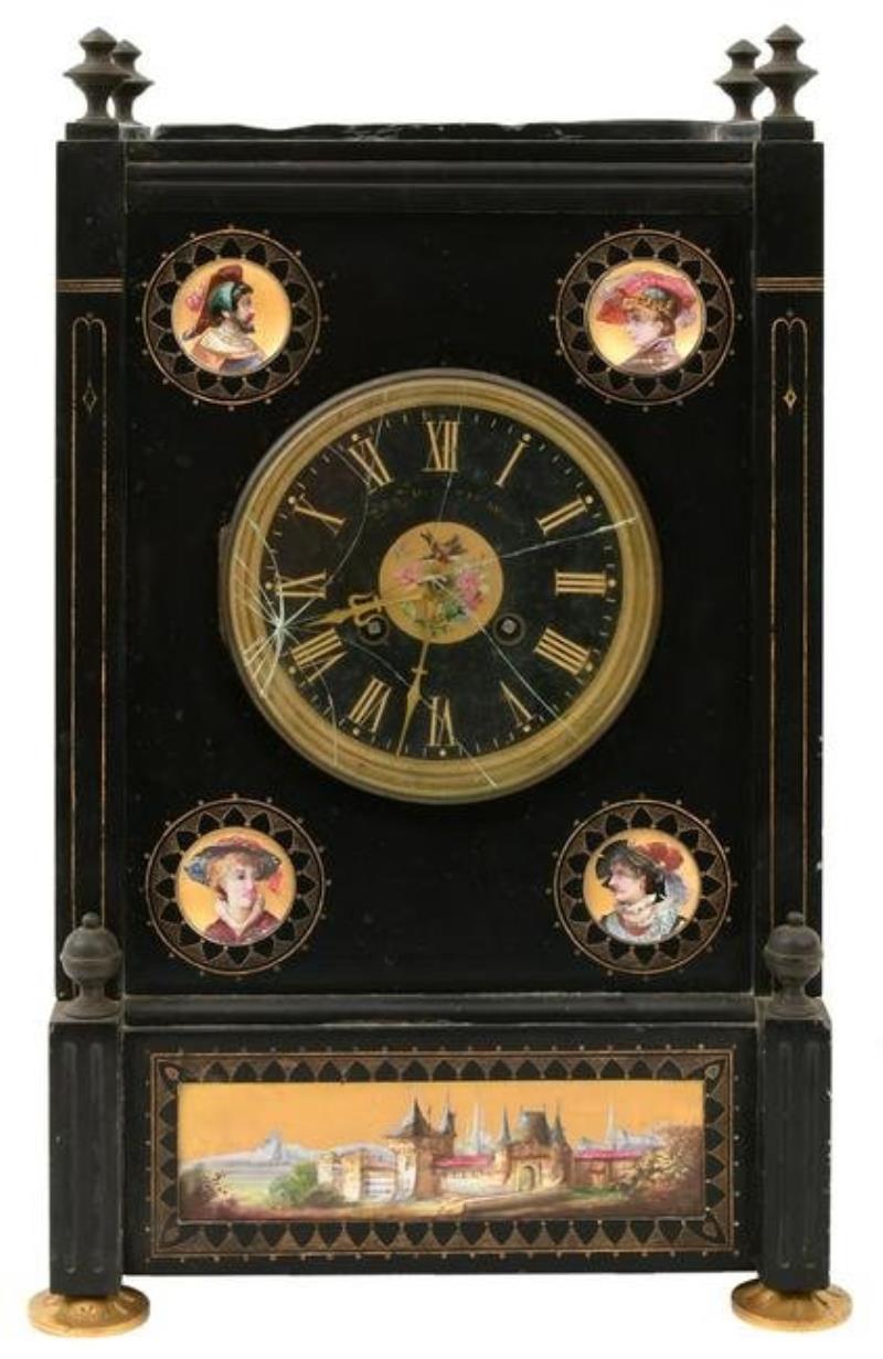 French Black Slate & Paint Decorated Mantel Clock