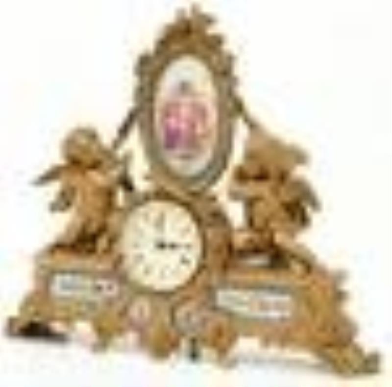 French Gold-Painted Bronze Figural Mantel Clock