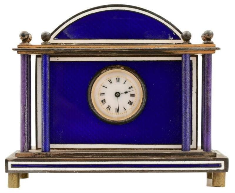 Swiss Blue Enameled Brass Desk Clock