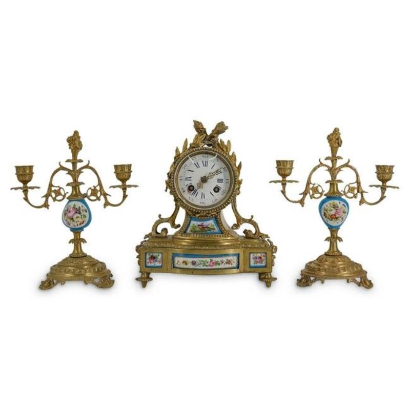 (3 Pc) Sevres Bronze and Porcelain Clock Set