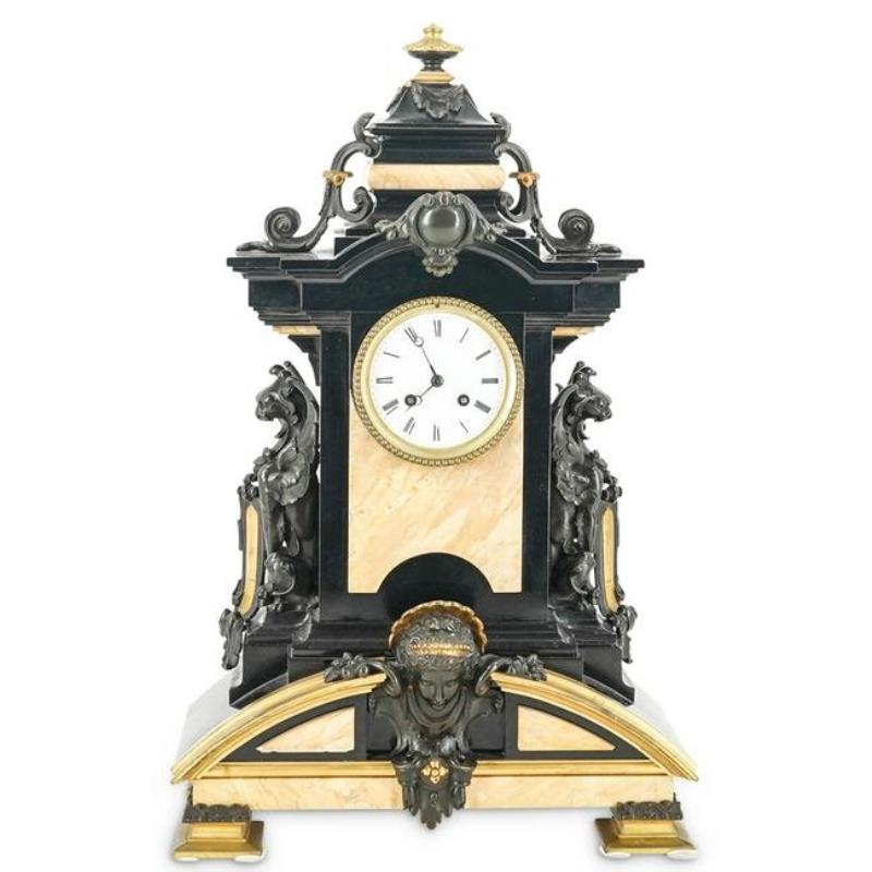 Japy Freres Bronze Mantle Clock With Marble Insets