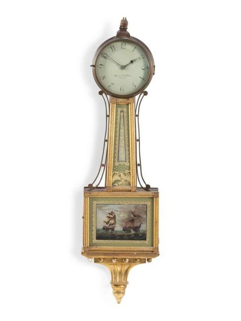 A Federal ‘Battle of Lake Erie’ Parcel Gilt Mahogany Banjo Clock