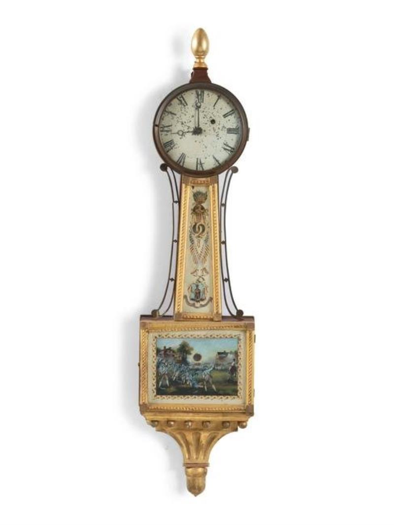 A Scarce Federal ‘Battle of Lexington’ Parcel Gilt Mahogany Banjo Clock