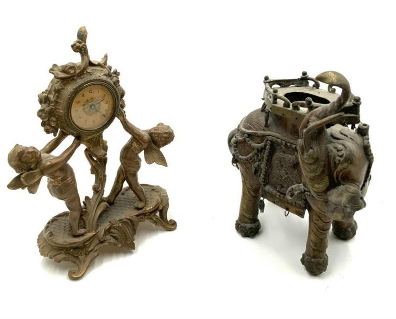 Lot: Bronze Elephant Censer & Spelter Fairy Clock,