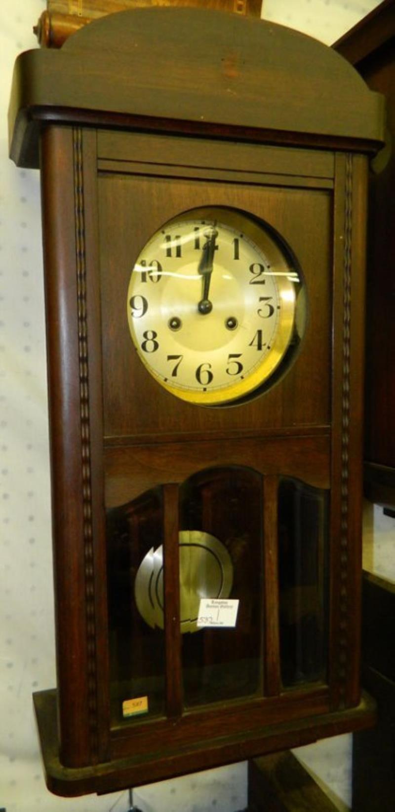 German walnut 8 day wall clock w/ painted dial.