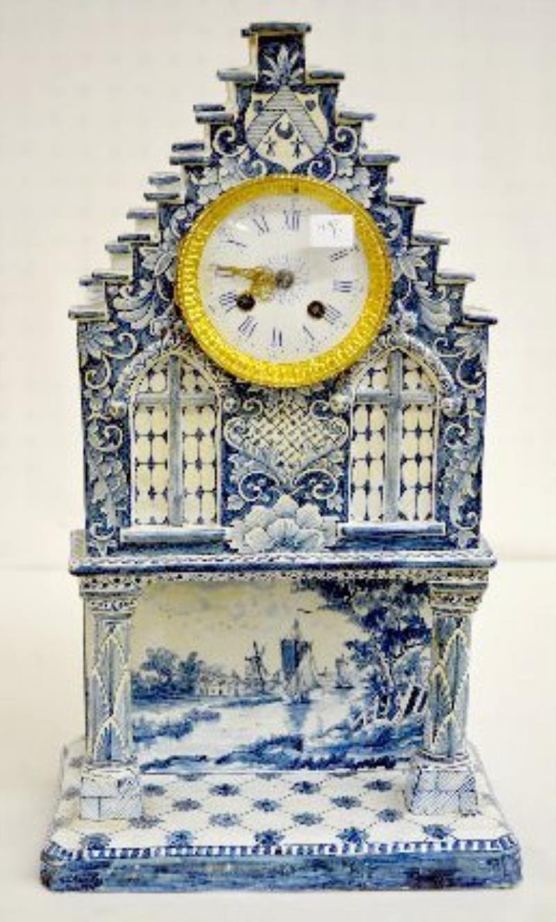 French Faience Mantel Clock, Serpents, Windmill +