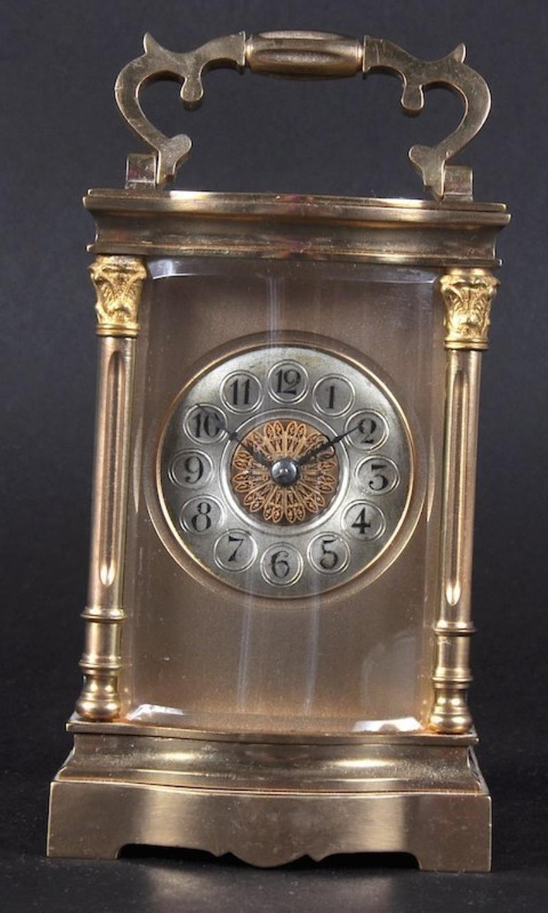 A FRENCH BRASS STRIKING CARRIAGE CLOCK. 5.5 inches