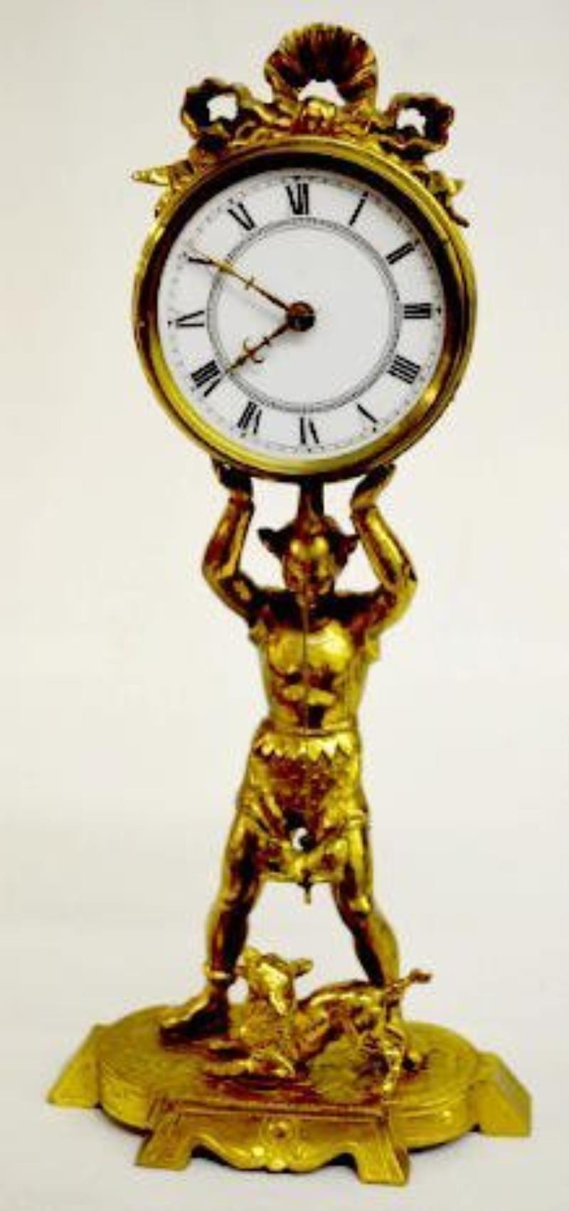 French Brass Figural Clock w/Jester & Dog