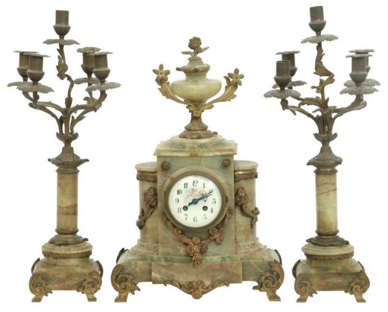 French 3 Piece Brass & Onyx Clock Set