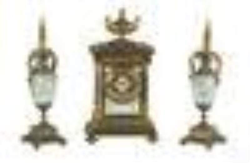 19th C French Bronze Champleve Clock Garniture SET