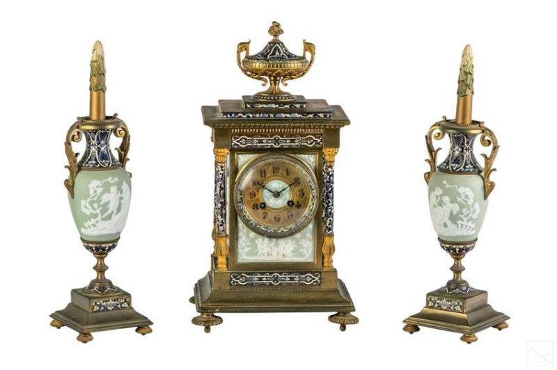19th C French Bronze Champleve Clock Garniture SET